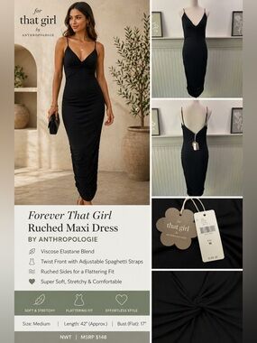 Forever That Girl Anthropologie Black Ruched Midi Dress M NWT Twist Front